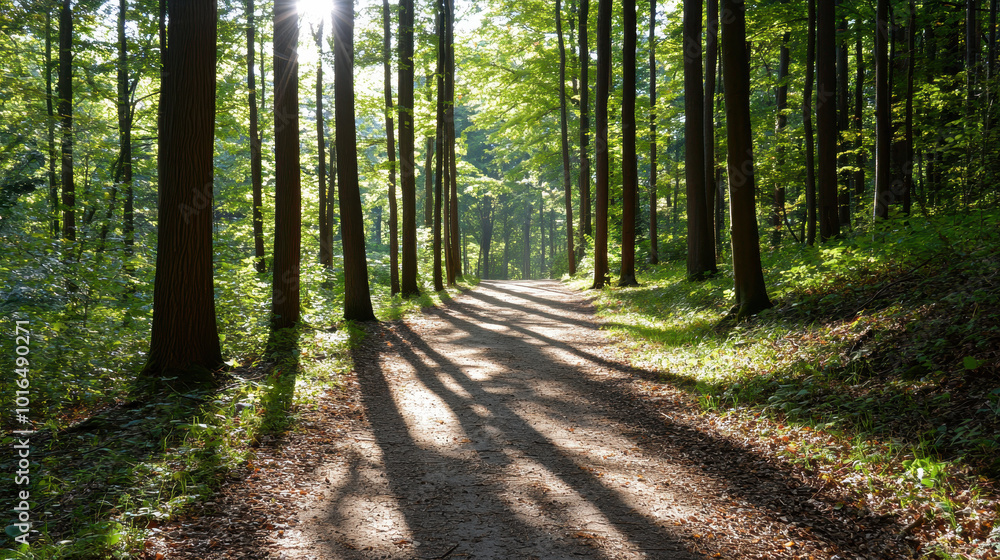 Poster sunlight illuminating a serene forest path lined with tall trees and lush greenery, creating a peace