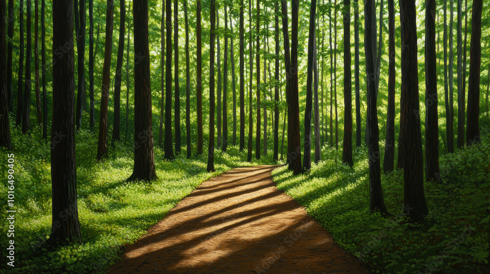 Aufkleber serene forest path surrounded by tall trees and lush greenery, sunlight filtering through leaves cre