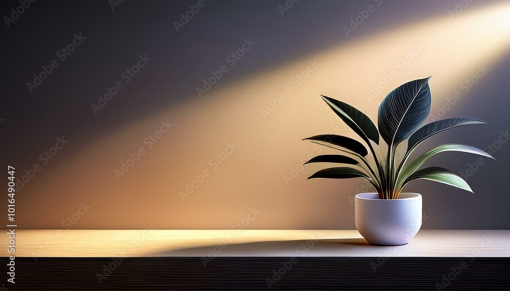 Poster plant on the table in a white pot. illumination on the side next to it in the wall. created with gen