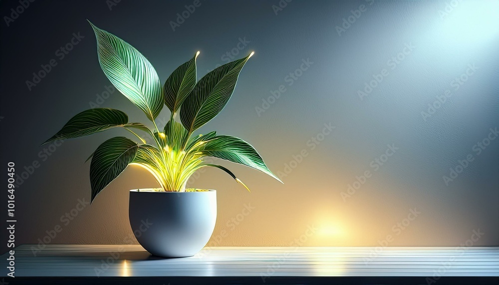 Poster plant on the table in a white pot. illumination on the side next to it in the wall. created with gen