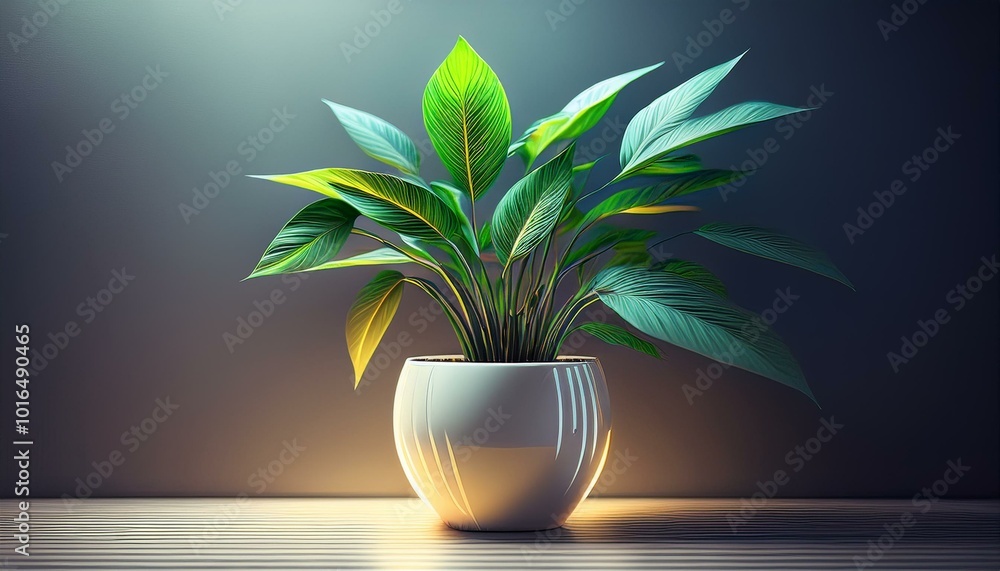 Poster plant on the table in a white pot. illumination on the side next to it in the wall. created with gen