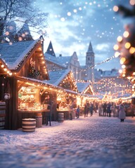 Fototapeta premium Festive Christmas Market at Dusk with Lights, Stalls, and Joyful People