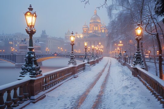 Winter evening in saint petersburg  snow covered bank bridge and griffons over griboedov channel