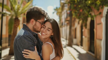 Couple stands in charming European town, embracing closely. Man wears blue shirt, woman white tank top, smiling at camera. Woman hair loose waves, man hair neatly combed. Buildings with balconies,