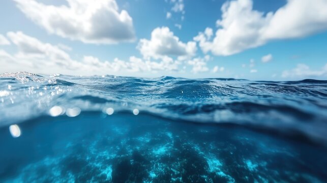 A dreamy photo featuring blurred ocean waves contrasted with a bright blue sky scattered with fluffy clouds, evoking a sense of serenity and wanderlust.