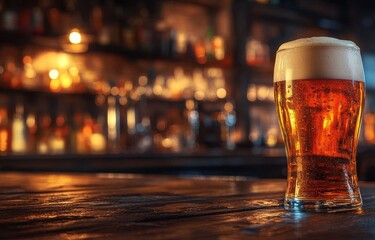refreshing glass of beer sits on wooden bar, illuminated by warm ambient light, creating cozy atmosphere perfect for relaxation