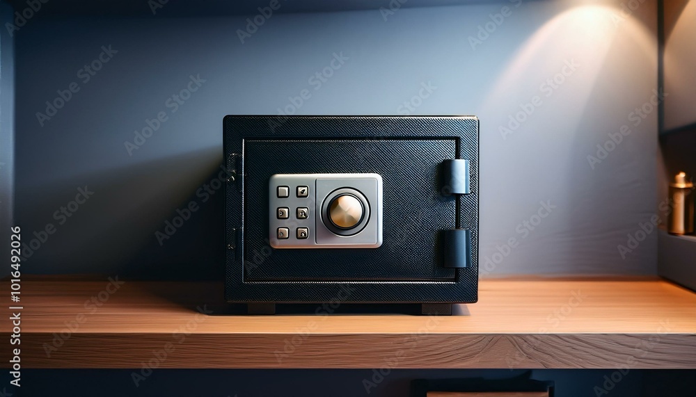 Poster small modern safe on shelf. created with generative ai technology.