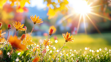 Bright yellow flowers glistening with morning dew in a sunlit garden with a soft focus background and golden sunlight rays