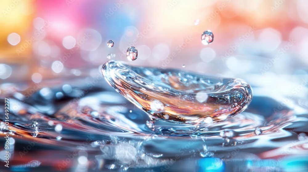 Poster this image captures a droplet splashing on a colorful water surface, showcasing the beauty of intera