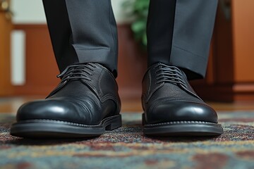 Man is wearing a black dress shoe and black socks. The shoe is black and has a lace. high-resolution picture of a black suited mid-aged man, wearing black cap-toed dress shoes, in the office
