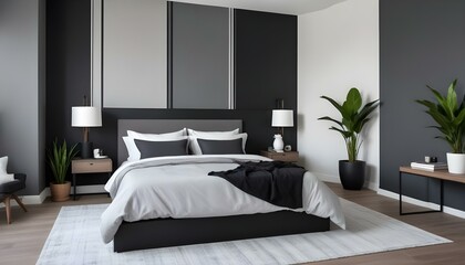 A modern and minimalist bedroom with a gray and black color scheme. The room features a large bed with white bedding, and a dark gray accent wall with vertical lines.
