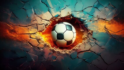 Sport soccer ball coming in cracked wall with grunge texture. Created with Generative AI technology.