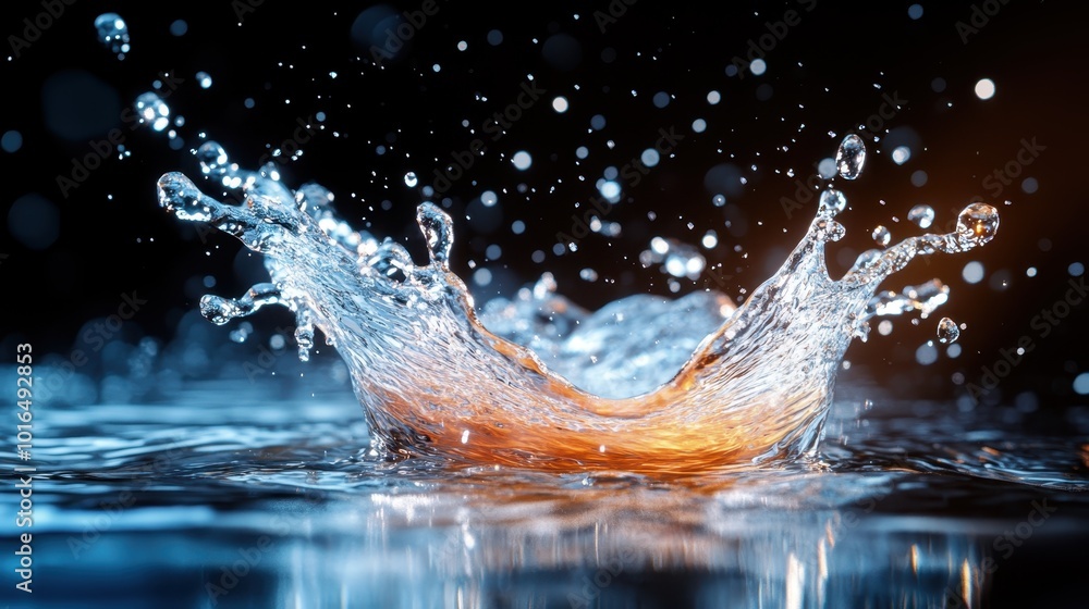 Poster a vivid image of a water splash with a colorful bokeh backdrop, creating a lively and dynamic aesthe