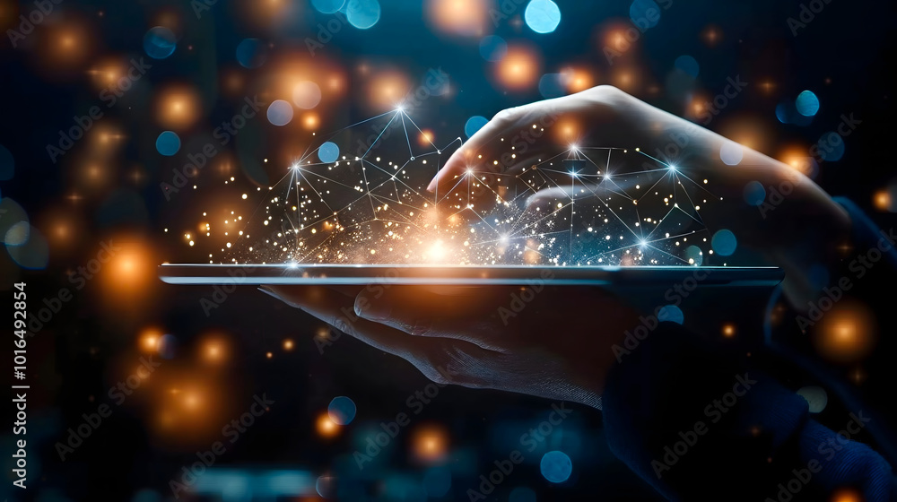 Poster hand holding tablet displays holographic interface with glowing connections and particles, symbolizi