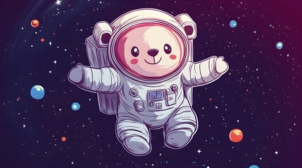 Fototapeta premium Cute Astronaut Bear Floating in Space Exploring Cosmos