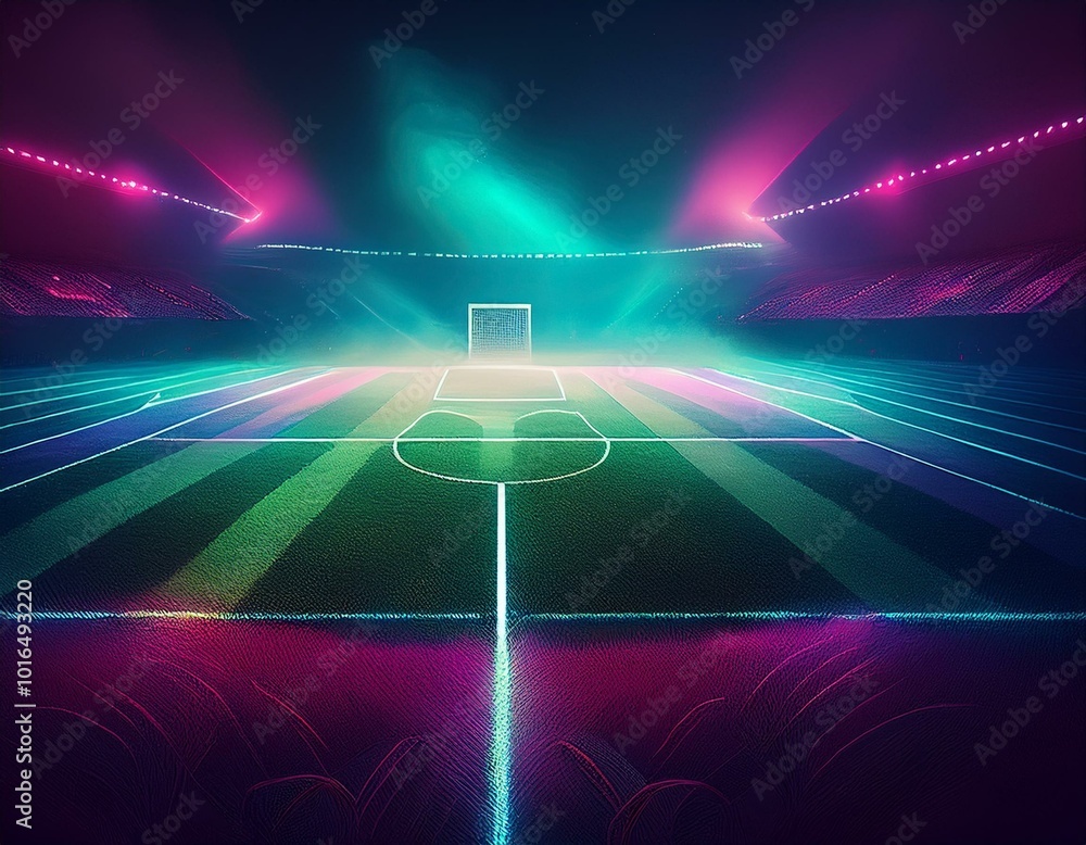 Poster textured soccer game field with neon fog - center, midfield. created with generative ai technology.