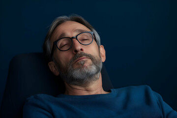 Obraz premium Businessman with a salt and pepper beard is taking a break from work, resting in his office chair with his eyes closed