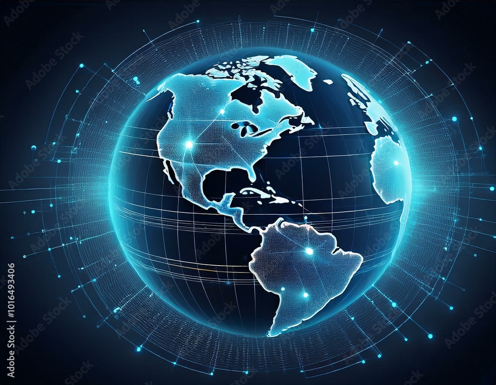 Poster the globe is illuminated with digital connections, showcasing global data networks in a striking blu