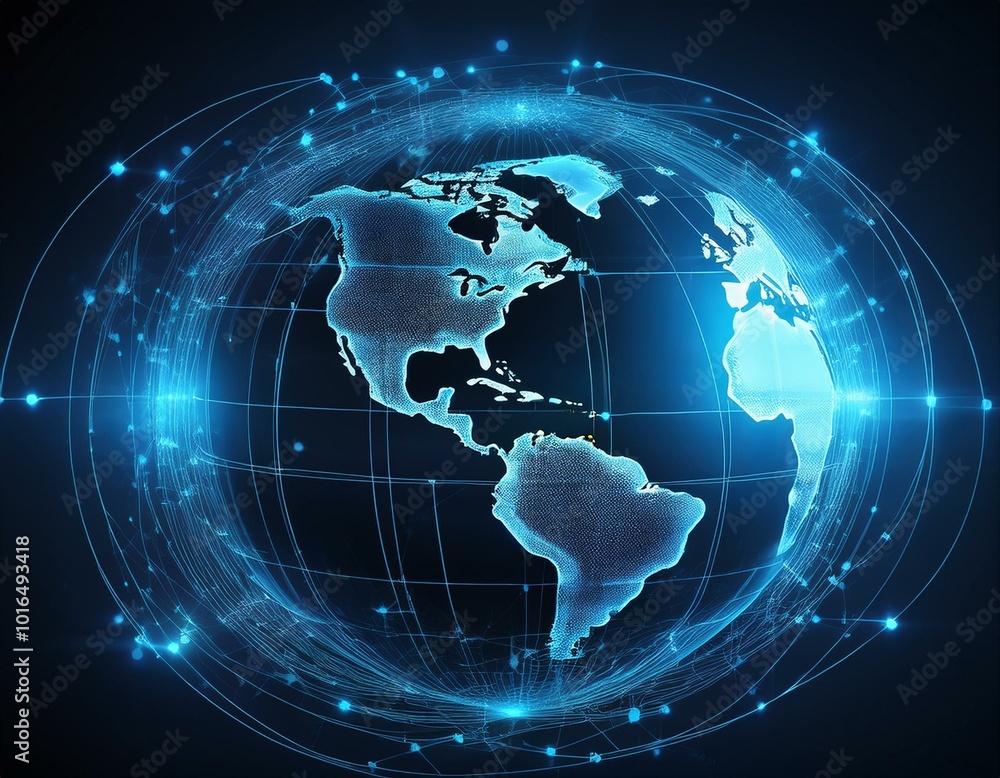 Poster the globe is illuminated with digital connections, showcasing global data networks in a striking blu