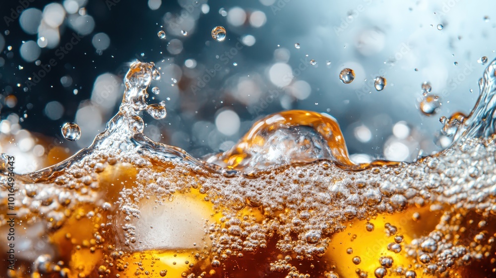 Poster a close-up shot of bubbles rising and swirling around ice cubes in a refreshing splash of cola drink