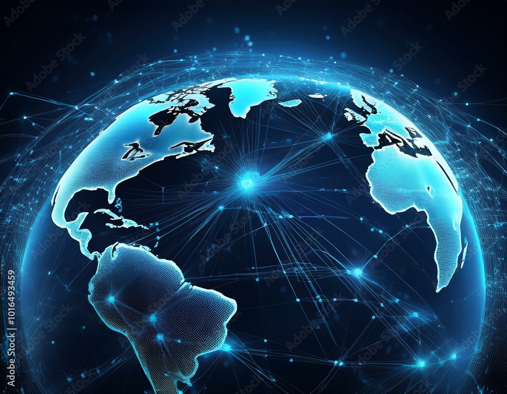 Poster the globe is illuminated with digital connections, showcasing global data networks in a striking blu