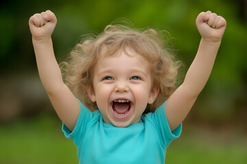 Joyful young white child is raising their arms in excitement, standing against a blurred green backdrop