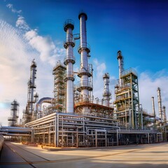 Fototapeta premium the towering structures and intricate network of pipes and machinery at an oil refinery, highlighting the scale and complexity of the petrochemical industry.