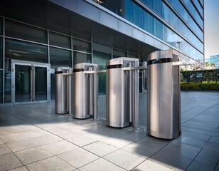 Three stainless steel security gates in a modern office building entrance