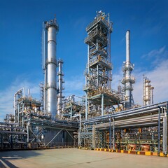 Fototapeta premium the towering structures and intricate network of pipes and machinery at an oil refinery, highlighting the scale and complexity of the petrochemical industry.