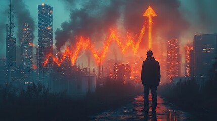 Fototapeta premium an upward pointing arrow graphic overlaying an industrial factory scene symbolizing increasing co2 pollution and carbon emissions against a hazy polluted sky backdrop.create by F.a