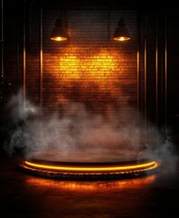 Obraz premium Glowing Stage With Smoke and Brick Wall Background.