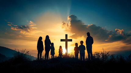Fototapeta premium Silhouette, family and Christian cross for praying, religion and funeral social gathering