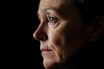 Fototapeta premium Portrait of a mature caucasian woman with visible wrinkles, exuding a sense of gravitas and wisdom