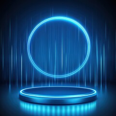 Neon Circle and Podium in Blue Background.