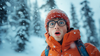Portrait of surprised tourist on top of mountain. Winter landscape background. A surprised tourist looks at the camera. Bokeh effect. AI generative
