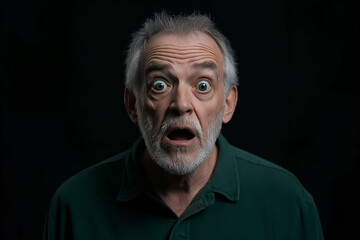 Obraz premium Shocked mature man making a surprised face in a close up portrait, showing astonishment and disbelief against a dark background