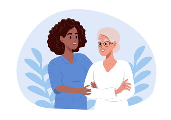National Family Caregivers Month. Caregiver Appreciation Day. Elderly woman is grateful to the caretaker for her help in the nursing home. Vector flat illustration