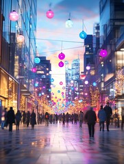 Obraz premium City Street Illuminated by Festive Lights with People Enjoying Evening Stroll