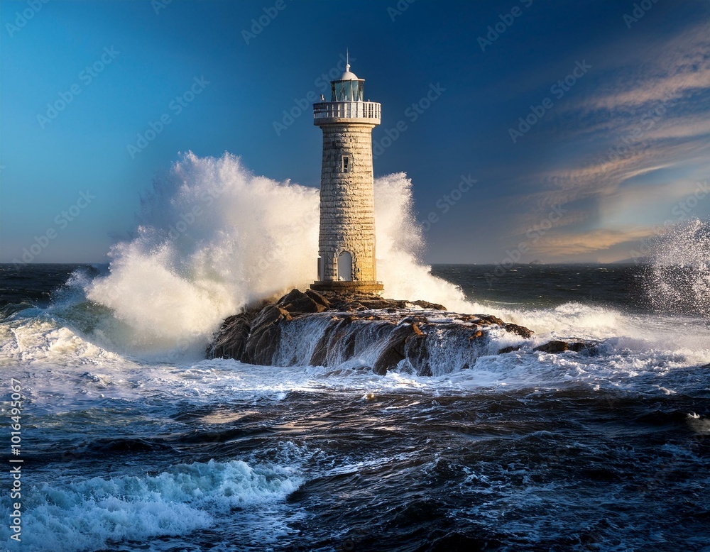 Poster waves crashing over a lighthouse. created with generative ai technology.