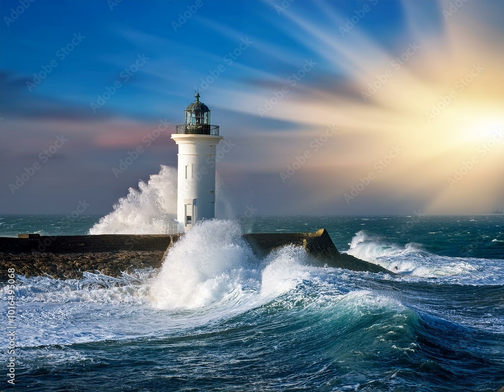 Poster waves crashing over a lighthouse. created with generative ai technology.