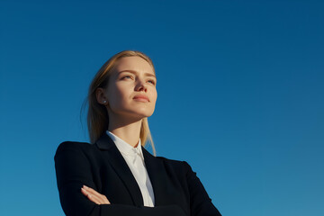 Confident businesswoman standing with arms folded, looking up against blue sky. Captures ambition, success, and hope in corporate setting - Powered by Adobe