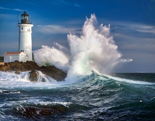 Waves crashing over a lighthouse. Created with Generative AI technology.