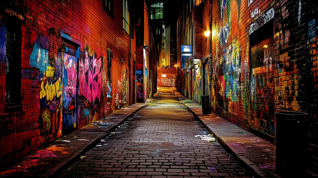 Dark alleyway at night with shadowy figures symbolizing gang violence, broken window and graffiti-covered wall under harsh streetlight glow.