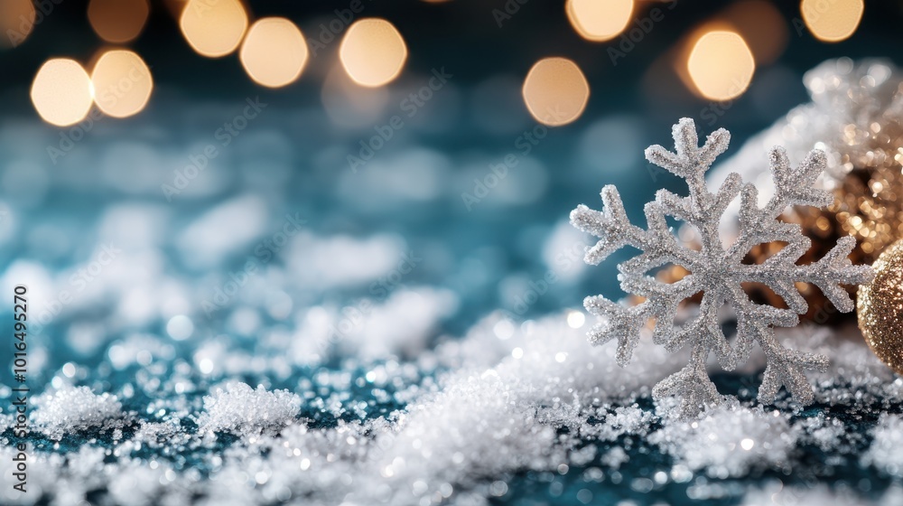 Poster a dazzling snowflake resting on fluffy snow, juxtaposed with a background of golden bokeh lights, cr