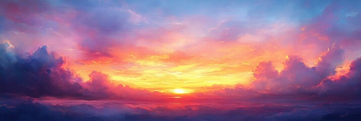 Fototapeta premium Vibrant sunset sky with soft clouds, horizon blurring into warm colors, evoking tranquility and the beauty of nature's transition