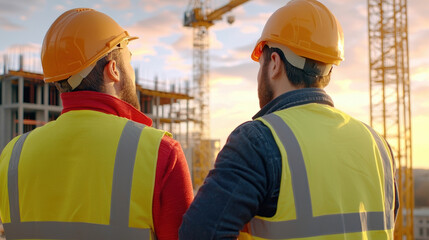 Construction workers observe building site at sunset, wearing safety helmets and reflective vests. Their focus on construction highlights teamwork and safety in industry