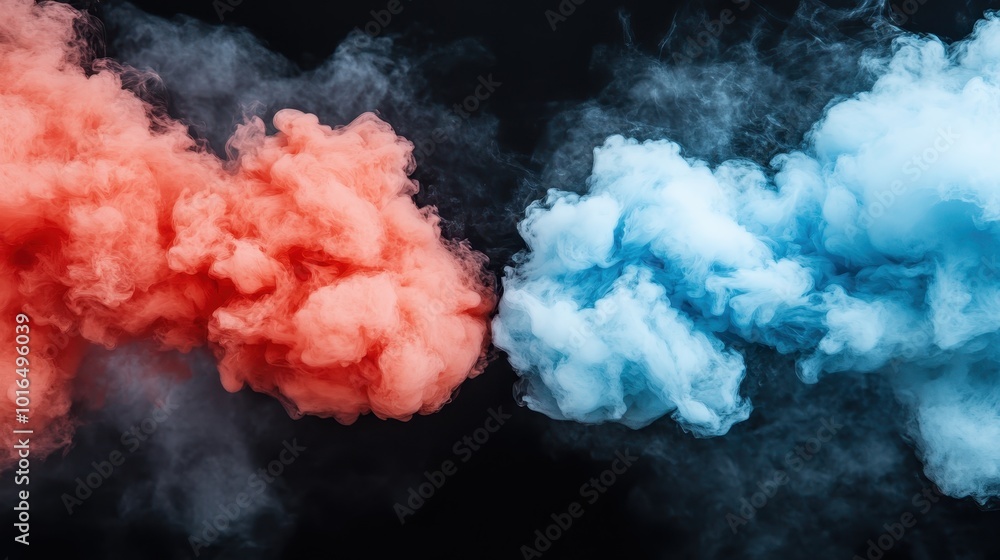 Poster artistic display of red and blue smoke clouds billowing against a dark background, creating a visual
