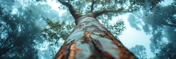 Eucalyptus sentinel in misty forest, towering tree surrounded by softly blurred greenery, serene and tranquil atmosphere