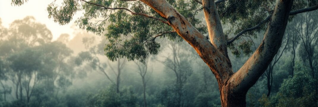 Majestic eucalyptus tree standing tall amidst a misty forest, enveloped in a serene atmosphere with softly blurred surroundings - Powered by Adobe