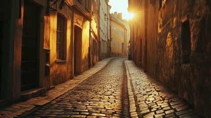 Obraz premium A narrow cobblestone street at sunset, with the golden light creating a calm, serene atmosphere and casting soft shadows